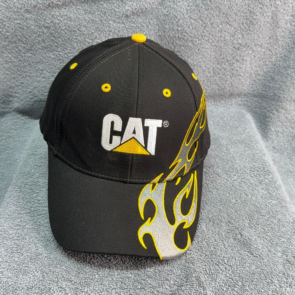 CAT Caterpillar Hat Black Yellow Flame Embroidered Y2K Strapback Workwear Cap